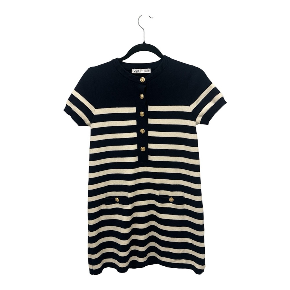 Zara Black and Cream Striped Short Sleeve Knit Dress